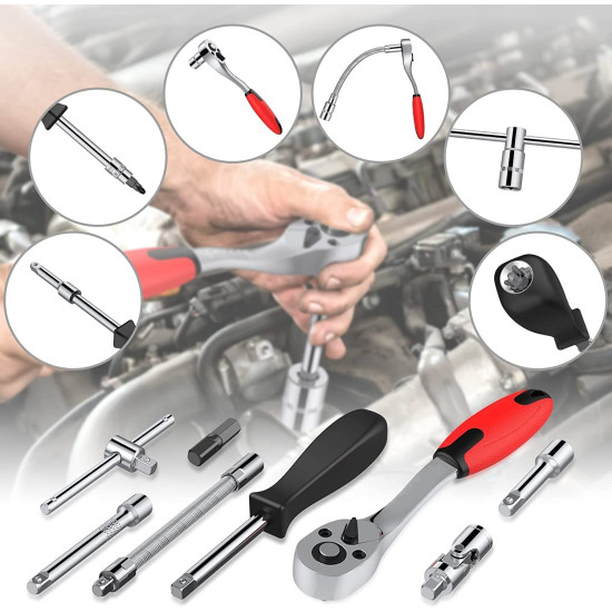 46PCS 1/4 inch Drive Socket Set,Metric Ratchet Wrench Set with 4-14mm CR-V Sockets,S2 Bits,Extension Bars,Mechanic Tool Kits for Household Auto Repair
