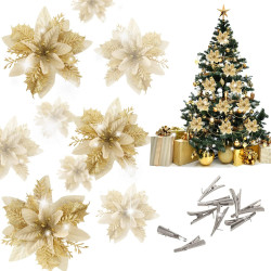 BAOTUJIA 12Pcs Christmas Poinsettias Flowers Decoration Artificial Flowers for Christmas Tree Ornaments Suitable for Home Christmas Decorations Xmas Tree Decorations Items Wreath Making, Gold
