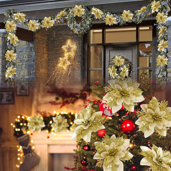 BAOTUJIA 12Pcs Christmas Poinsettias Flowers Decoration Artificial Flowers for Christmas Tree Ornaments Suitable for Home Christmas Decorations Xmas Tree Decorations Items Wreath Making, Gold