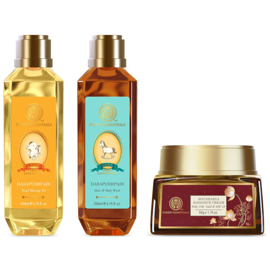 Forest Essentials Soundarya Radiance Cream With 24K Gold & SPF25 & Forest Essentials Baby Head Massage Oil Dasapushpadi 200ml (Baby Oil) & Forest Essentials Baby Hair & Body Wash Dasapushpadi 200ml