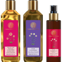 Forest Essentials Hair Thickening Spray & Shikakai 130ml (Hair Spray) & Mashobra Honey, Lemon and Rosewater Facial Cleanser, 200ml & Hair Cleanser Amla, Honey & Mulethi 200ml (Shampoo)