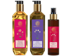 Forest Essentials Hair Thickening Spray & Shikakai 130ml (Hair Spray) & Mashobra Honey, Lemon and Rosewater Facial Cleanser, 200ml & Hair Cleanser Amla, Honey & Mulethi 200ml (Shampoo)