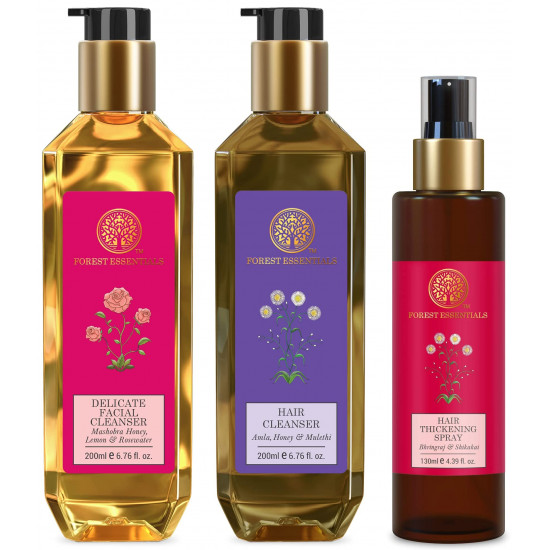 Forest Essentials Hair Thickening Spray & Shikakai 130ml (Hair Spray) & Mashobra Honey, Lemon and Rosewater Facial Cleanser, 200ml & Hair Cleanser Amla, Honey & Mulethi 200ml (Shampoo)