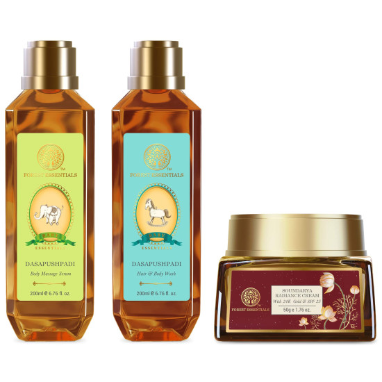 Forest Essentials Soundarya Radiance Cream With 24K Gold & SPF25 & Forest Essentials Dasapushpadi Baby Body Massage Serum 200ml (Baby Oil) & Forest Essentials Baby Hair & Body Wash Dasapushpadi 200ml