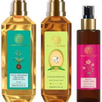 Forest Essentials Dasapushpadi Baby Body Massage Serum 200ml (Baby Oil) & Organic Cold Pressed Virgin Oil Coconut 200ml & Facial Tonic Mist Pure Rosewater 130ml (Face Toner)