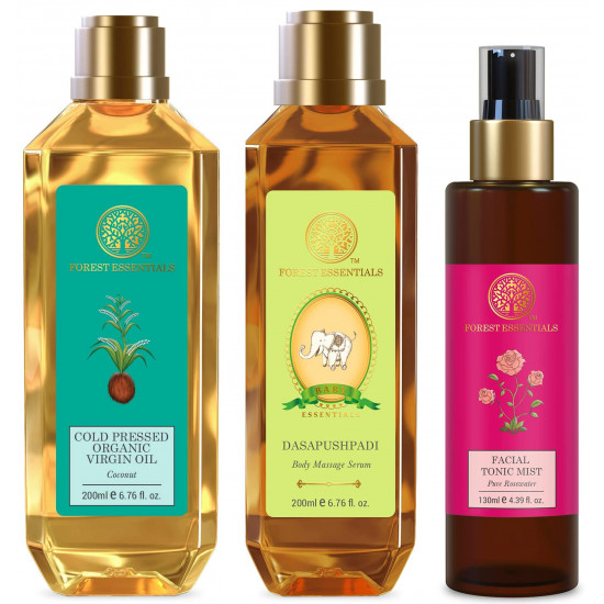 Forest Essentials Dasapushpadi Baby Body Massage Serum 200ml (Baby Oil) & Organic Cold Pressed Virgin Oil Coconut 200ml & Facial Tonic Mist Pure Rosewater 130ml (Face Toner)
