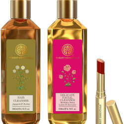 Forest Essentials Mashobra Honey, Lemon and Rosewater Facial Cleanser, 200ml & Tinted Lip Serum Madhu Rasa Anar Rasa 2.2g (Lipstick) & Hair Cleanser Japapatti & Brahmi 200ml (Shampoo)