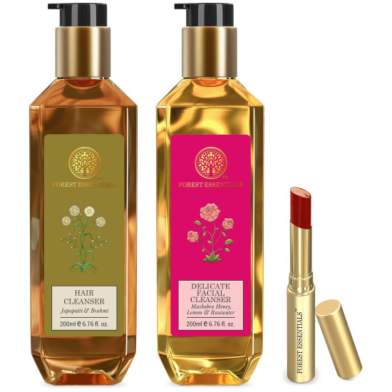 Forest Essentials Mashobra Honey, Lemon and Rosewater Facial Cleanser, 200ml & Tinted Lip Serum Madhu Rasa Anar Rasa 2.2g (Lipstick) & Hair Cleanser Japapatti & Brahmi 200ml (Shampoo)