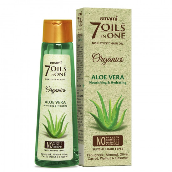 Emami 7 Oils In One Organics Aloe Vera Hair Oil | Nourishing & Hydrating| Ultra-Light & Non-Sticky | Certified Organic | Free From Parabens, Sulphates & Harmful Chemicals | For Soft, Shiny Hair, 200ml