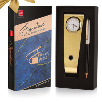 Cello Signature Rakshabandhan Gift Set|Blue Ink|1 Ball Pen + 1 Golden Finish Table Clock with Pen Holder|Premium Metal Pens|Stylish Gifts for Christmas and New Year|Gifts for Men and Women