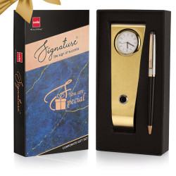 Cello Signature Rakshabandhan Gift Set|Blue Ink|1 Ball Pen + 1 Golden Finish Table Clock with Pen Holder|Premium Metal Pens|Stylish Gifts for Christmas and New Year|Gifts for Men and Women