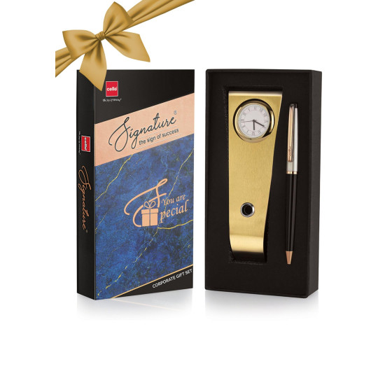 Cello Signature Rakshabandhan Gift Set|Blue Ink|1 Ball Pen + 1 Golden Finish Table Clock with Pen Holder|Premium Metal Pens|Stylish Gifts for Christmas and New Year|Gifts for Men and Women Cello Signature Rakshabandhan Gift Set|Blue Ink|1 Ball Pen + 1 Golden Finish Table Clock with Pen Holder|Premium Metal Pens|Stylish Gifts for Christmas and New Year|Gifts for Men and Women