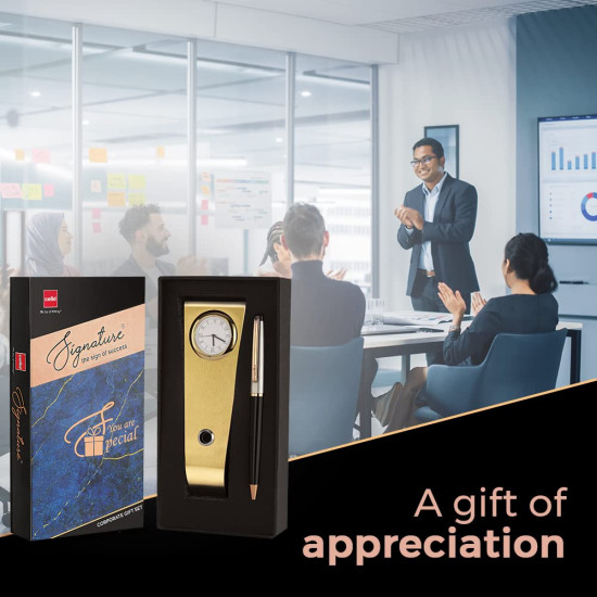 Cello Signature Rakshabandhan Gift Set|Blue Ink|1 Ball Pen + 1 Golden Finish Table Clock with Pen Holder|Premium Metal Pens|Stylish Gifts for Christmas and New Year|Gifts for Men and Women Cello Signature Rakshabandhan Gift Set|Blue Ink|1 Ball Pen + 1 Golden Finish Table Clock with Pen Holder|Premium Metal Pens|Stylish Gifts for Christmas and New Year|Gifts for Men and Women