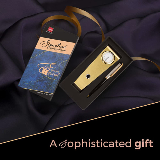 Cello Signature Rakshabandhan Gift Set|Blue Ink|1 Ball Pen + 1 Golden Finish Table Clock with Pen Holder|Premium Metal Pens|Stylish Gifts for Christmas and New Year|Gifts for Men and Women Cello Signature Rakshabandhan Gift Set|Blue Ink|1 Ball Pen + 1 Golden Finish Table Clock with Pen Holder|Premium Metal Pens|Stylish Gifts for Christmas and New Year|Gifts for Men and Women