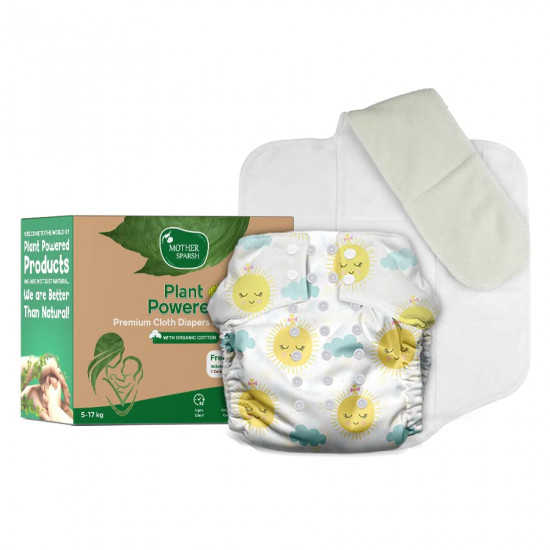 Mother Sparsh Plant Powered Cloth Diaper for Babies-Free Size | Medical Grade Fabric with 100% Organic Cotton | 13 Layer Breathable Soaker With Built-In Booster Pad (SnoozySun)
