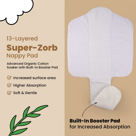 Mother Sparsh Plant Powered Cloth Diaper for Babies-Free Size | Medical Grade Fabric with 100% Organic Cotton | 13 Layer Breathable Soaker With Built-In Booster Pad (SnoozySun)
