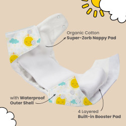 Mother Sparsh Plant Powered Cloth Diaper for Babies-Free Size | Medical Grade Fabric with 100% Organic Cotton | Reusable | 13 Layer Breathable Soaker With Built-In Booster Pad (SunFlower)