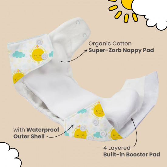 Mother Sparsh Plant Powered Cloth Diaper for Babies- Free Size | Medical Grade Fabric with 100% Organic Cotton | 13 Layer Breathable Soaker With Built-In Booster Pad | Pack of 3