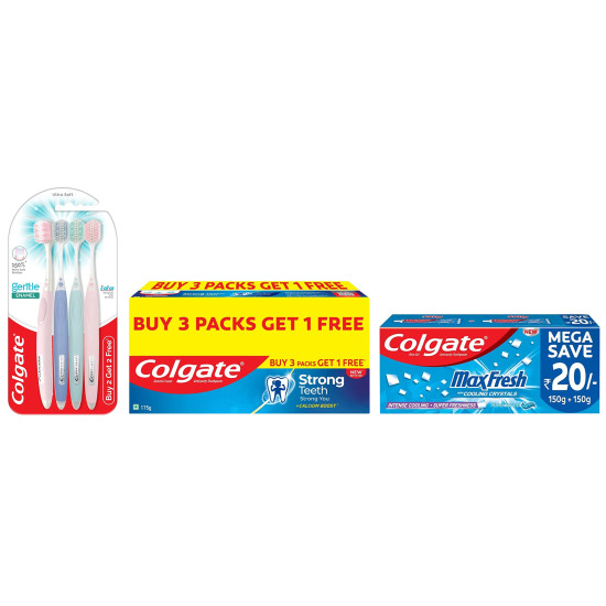 Colgate Gentle Enamel Ultra Soft Bristles Manual Toothbrush & Strong Teeth Cavity Protection Toothpaste & MaxFresh Toothpaste, Blue Gel Paste with Menthol for Super Fresh Breath, 300g, 150g X 2