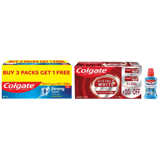 Colgate Plax Pepper Mint Mouthwash, 0% Alcohol - 500 ml & Strong Teeth Cavity Protection Toothpaste & Visible White Teeth Whitening Toothpaste, Pack of 200g ​ (100g X 2)