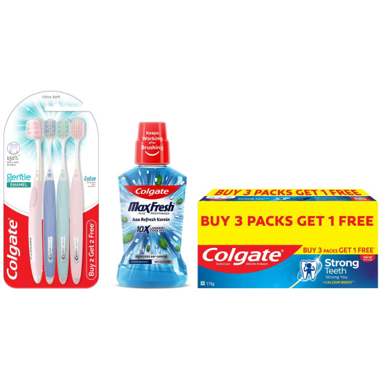 Colgate Plax Pepper Mint Mouthwash, 500 ml & Gentle Enamel Ultra Soft Bristles Manual Toothbrush for adults, 4 Pcs (Buy2 Get 2), Multicolor & Strong Teeth Cavity Protection Toothpaste