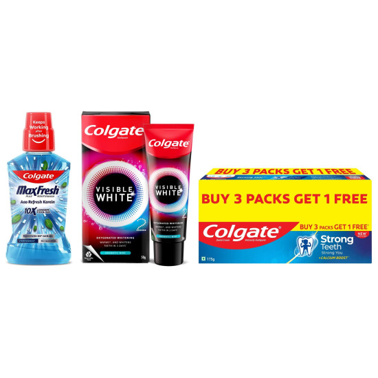 Colgate Plax Pepper Mint Mouthwash, 0% Alcohol - 500 ml & Visible White O2, Teeth Whitening Toothpaste & Strong Teeth Cavity Protection Toothpaste, Colgate Toothpaste, 700gm