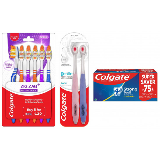 Colgate Strong Teeth Cavity Protection Toothpaste, Colgate Toothpaste with Calcium Boost, 800gm & Gentle UltraFoam Ultra Soft Bristles Manual Toothbrush & ZigZag Manual Toothbrush