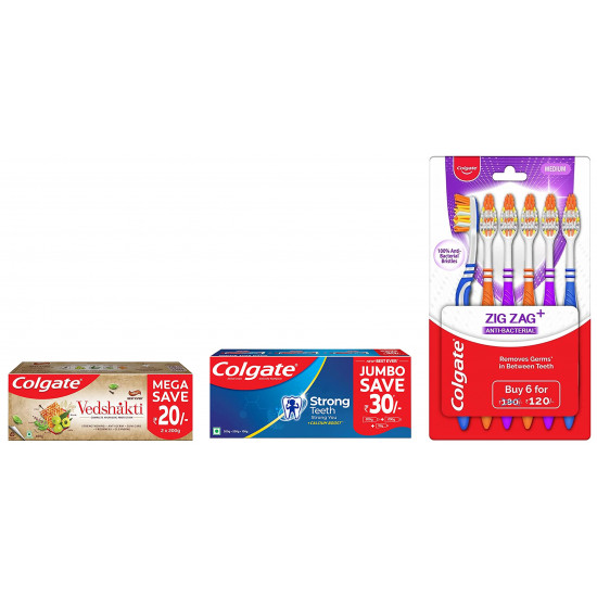 Colgate Strong Teeth Cavity Protection Toothpaste, Colgate Toothpaste & ZigZag Manual Toothbrush & Swarna Vedshakti Ayurvedic Cavity Protection, Bad Breath Treatment Toothpaste - 400gm
