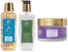 Forest Essentials Revitalising Kashmiri Walnut Gel Scrub 50g (Face Scrub)&Forest Essentials Hydrating Facial Moisturiser 130ml&Forest Essentials After Bath Oil Madurai Jasmine & Mogra 130ml