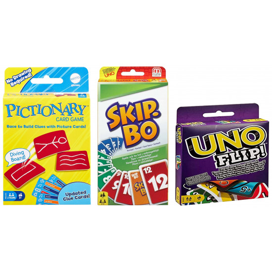 Games PICTIONARY Card Refresh, Multicolor & Mattel Uno Flip Side & Mattel Skip-Bo CardGame