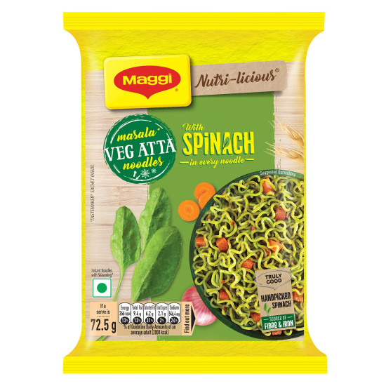 MAGGI Nutri-Licious Masala Veg Atta Noodles With Spinach In Every Noodle, 72.5 Grams (Pouch)