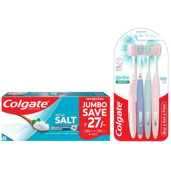 Colgate Active Salt Toothpaste, Germ Fighting Toothpaste for Healthy Gums and Teeth, 500gm & Gentle Enamel Ultra Soft Bristles Manual Toothbrush for adults, Soft Bristles for Enamel Care,Multicolor