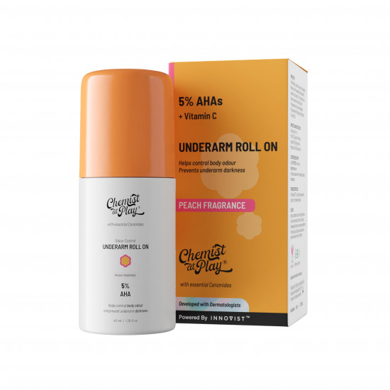 Chemist at Play UnderArm Roll-On with 5% AHA, Lactic Acid & 1% Mandelic Acid | Prevents Body Odour, Brightens Skin & Exfoliates Underarm | For Sensitive Skin | Peach Fragrance | Alcohol Free - 40ml