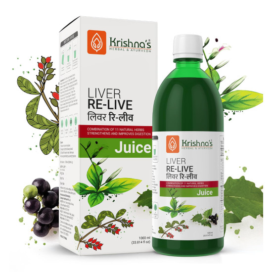 KRISHNA'S HERBAL & AYURVEDA Liver Re-Live Juice 1000 ml | Healthy Liver | Strengthens the digestive system | Goodness of 11 powerful herbs like Makoy, Harshringar, Daru Haridra | Sugar free Juice KRISHNA'S HERBAL & AYURVEDA Liver Re-Live Juice 1000 ml | Healthy Liver | Strengthens the digestive system | Goodness of 11 powerful herbs like Makoy, Harshringar, Daru Haridra | Sugar free Juice