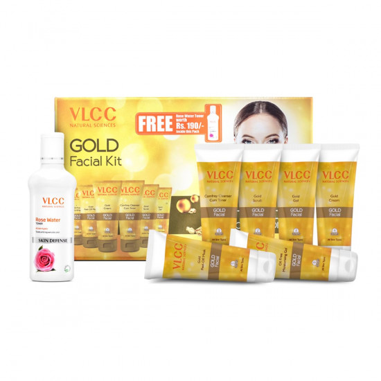 VLCC Gold Facial Kit with FREE Rose Water Toner - 300g + 100ml | 24K Colloidal Gold and Aloe Vera at Home Facial Kit | Bright & Radiant Complexion, Skin Cell Regeneration | Instant Glow Facial.