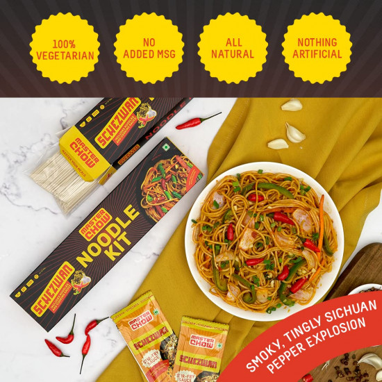 MasterChow Schezwan Noodle Kit | All-in-One Meal Kit - Chilli Garlic Stir Fry Sauce with Hakka Noodles | Ready to Cook Easy Meals | Street Style Chowmein | All-Natural Ingredients | 10 Mins Noodles