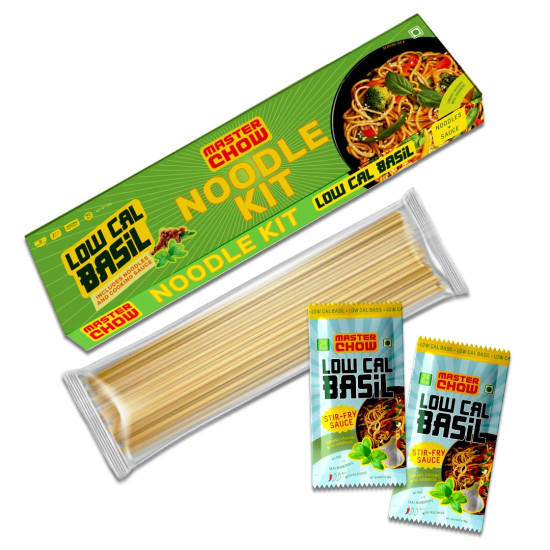 MasterChow Low Cal Holy Basil Noodle Kit | All-in-One Meal Kit - Basil Sauce with Whole Wheat Noodles | Ready to Cook Noodle Kit | Healthy Easy Meals | All-Natural Ingredients | 10 Mins Noodles