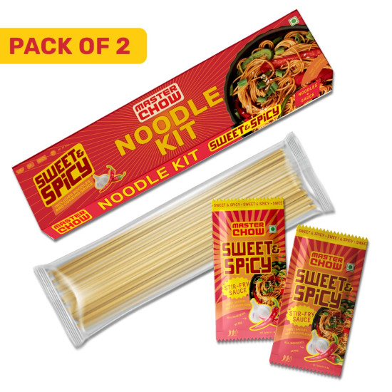 MasterChow Sweet & Spicy Noodle Kit - Pack of 2 | All-in-One Meal Kit - Sweet & Spicy Sauce with Hakka Noodles | Ready To Cook Easy Meals | All-Natural Ingredients | 10 Mins Noodles