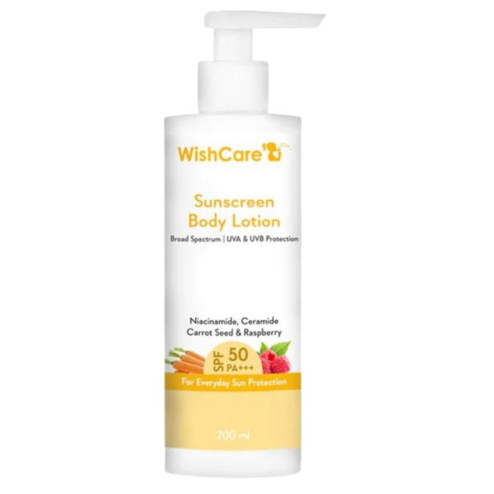 WishCare Sunscreen Body Lotion For All Skin Type with SPF 50 PA+++ - Broad Spectrum UVA & UVB Protection, No White Cast, Enriched with Carrot Seed & Raspberry - Body Sunscreen Lotion 200ml
