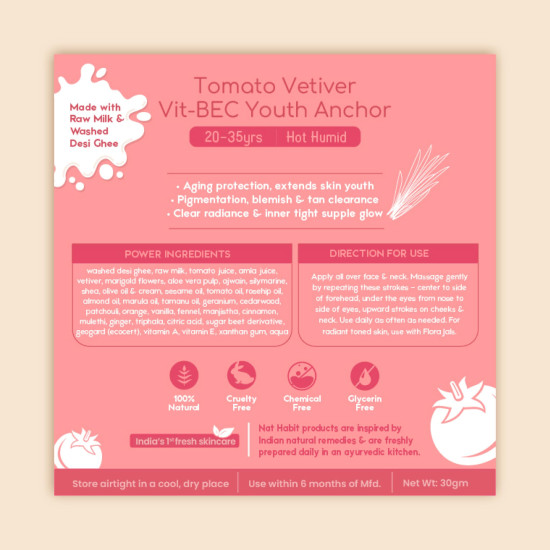 Nat Habit All Day Face Cream, Fresh Whipped Tomato Vetiver Face Malai, Vitamins B, E & C - Youth Anchor For Hot Humid Weather Moisturization & Sun Protection (Ages 20-35 yrs, 30g) Nat Habit All Day Face Cream, Fresh Whipped Tomato Vetiver Face Malai, Vitamins B, E & C - Youth Anchor For Hot Humid Weather Moisturization & Sun Protection (Ages 20-35 yrs, 30g)