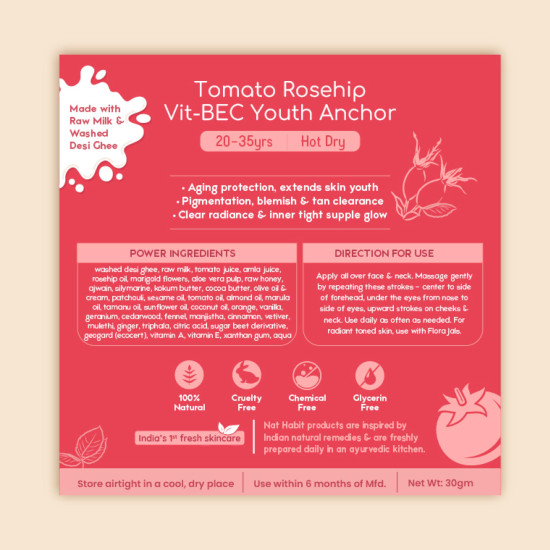 Nat Habit All-Day Face Moisturizer Fresh Whipped Tomato Rosehip Vit-BEC Youth Anchor Face Malai For Sun Protection In Hot and Dry Weather (Ages 20-35) - 30g Nat Habit All-Day Face Moisturizer Fresh Whipped Tomato Rosehip Vit-BEC Youth Anchor Face Malai For Sun Protection In Hot and Dry Weather (Ages 20-35) - 30g