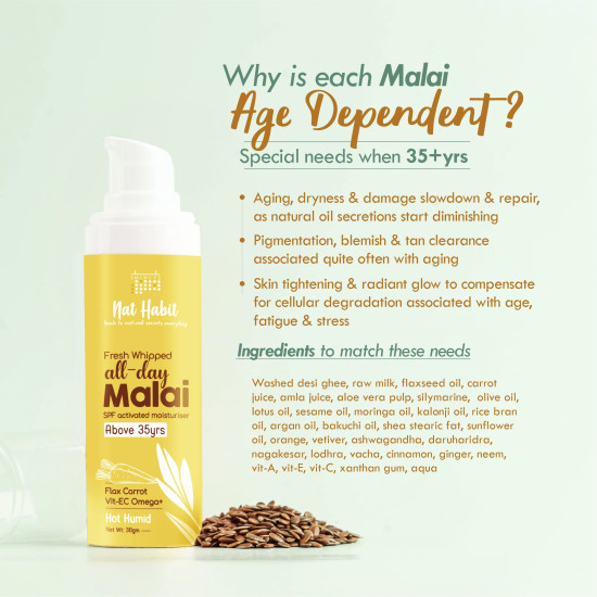 Nat Habit All Day Face Cream Fresh Whipped Flax Carrot Face Malai With Vitamins E, C & Omega+ For Hot Humid Weather Face Moisturization & Sun Protection (Ages 35+) - 30g