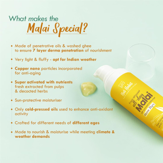 Nat Habit All Day Face Cream Fresh Whipped Flax Carrot Face Malai With Vitamins E, C & Omega+ For Hot Humid Weather Face Moisturization & Sun Protection (Ages 35+) - 30g