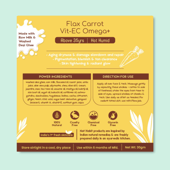 Nat Habit All Day Face Cream Fresh Whipped Flax Carrot Face Malai With Vitamins E, C & Omega+ For Hot Humid Weather Face Moisturization & Sun Protection (Ages 35+) - 30g