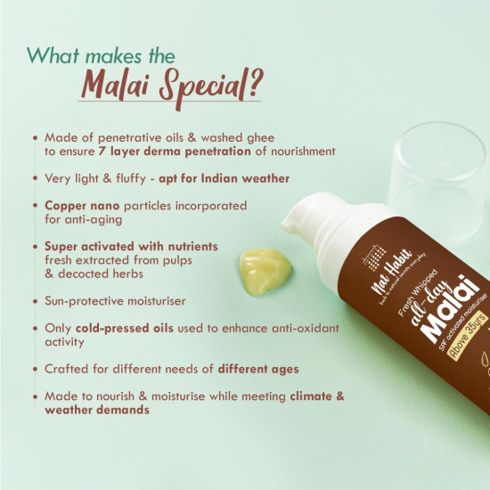 Nat Habit All Day Face Cream, Fresh Whipped Flax Bakuchi Face Malai With Vitamins E, C & Omega+ For Hot Dry Weather Face Moisturization & Sun Protection (Ages 35+, 30g)