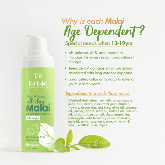 Nat Habit All Day Face Cream, Fresh Whipped Green Apple Face Malai Tulsi PhytoActive - For Hot and Humid Weather, Moisturization & Tan Protection (13 to 19 years, 30g)