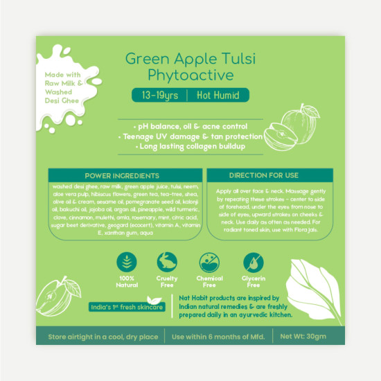 Nat Habit All Day Face Cream, Fresh Whipped Green Apple Face Malai Tulsi PhytoActive - For Hot and Humid Weather, Moisturization & Tan Protection (13 to 19 years, 30g)