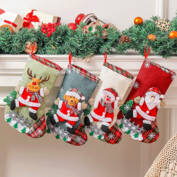 HASTHIP® Set of 4 Christmas Decorations Stocking, 10 Inch Linen Xmas Gift Stockings, Large Hanging Christmas Tree Decoration Items for Xmas Tree, Home Decor, Door, Window