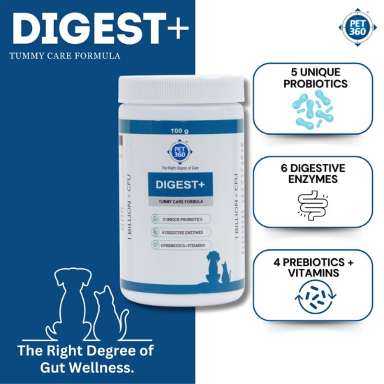 PET360 Digest+ | Tummy Care Formula for Healthy Digestion | Reduces Paw Licking & Scratching | Increased Immunity | Suitable for All Breeds| 100gm Powder