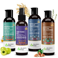 Avimee Herbal Keshpallav Hair Oil (100 ml) & Hairtone PV 1 Scalp Spray (100 ml) & Shakuntala Hair Shampoo (200 ml) & Radha hair Conditioner (200 ml) Combo Pack | Super Saver Pack